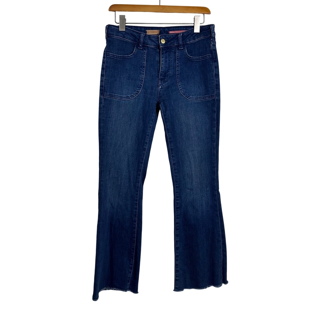 Pilcro anthropologie High Rise Flare Raw Hem Jeans Dark Wash Size 27 boho retro
